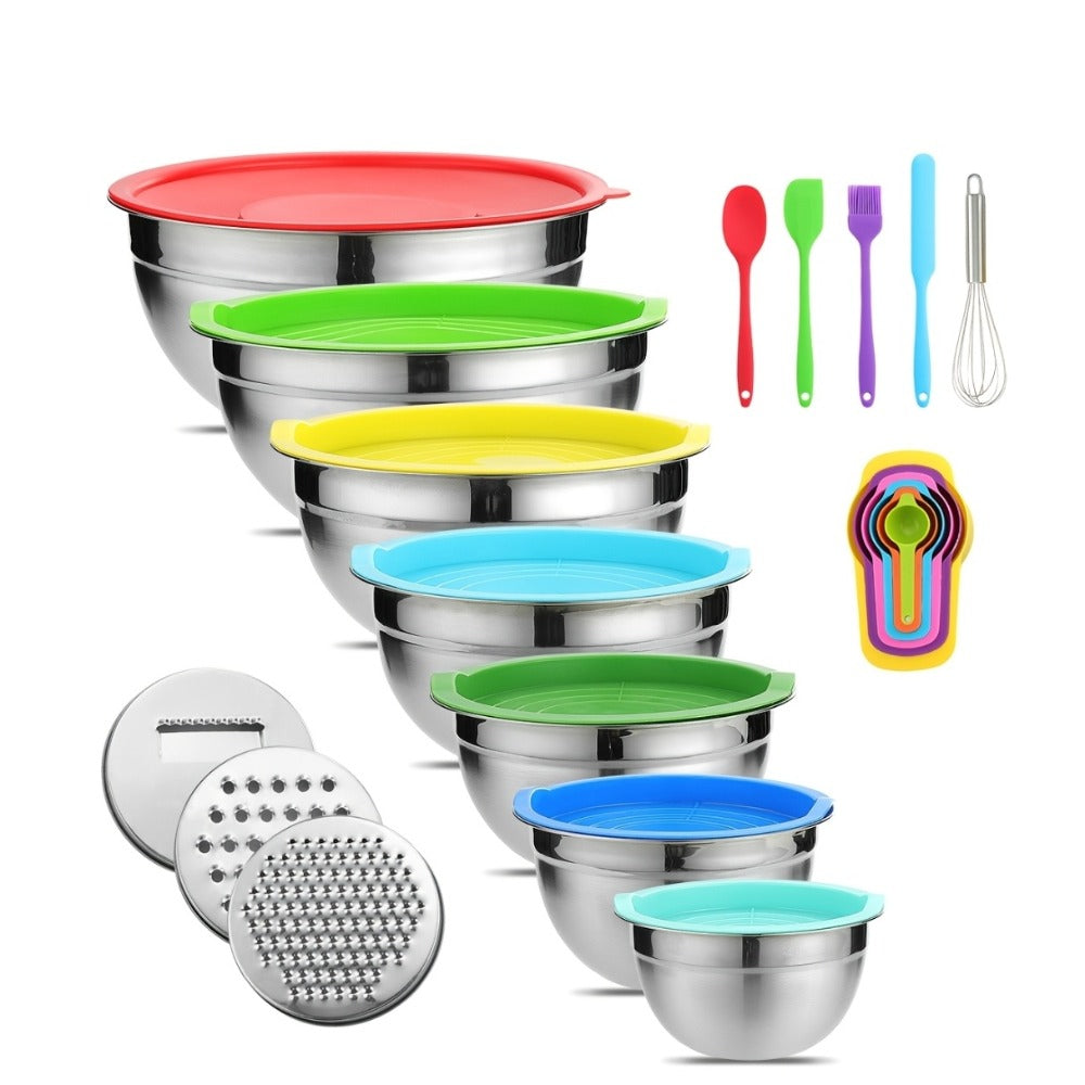 Stainless Steel Mixing Bowl Set 21-Piece with Lids and Grater Attachments, Nesting Bowls 0.7QT to 4.5QT, Rust Resistant Kitchen Bowls for Cooking Baking Serving, Complete Prep Bowl Set with Lids