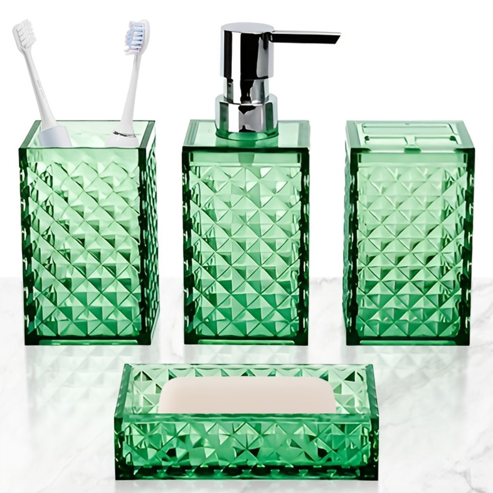 Bathroom Accessories Set 4-Piece Diamond Grid Plastic Organizer Soap Dispenser Toothbrush Holder Grey Blue Green