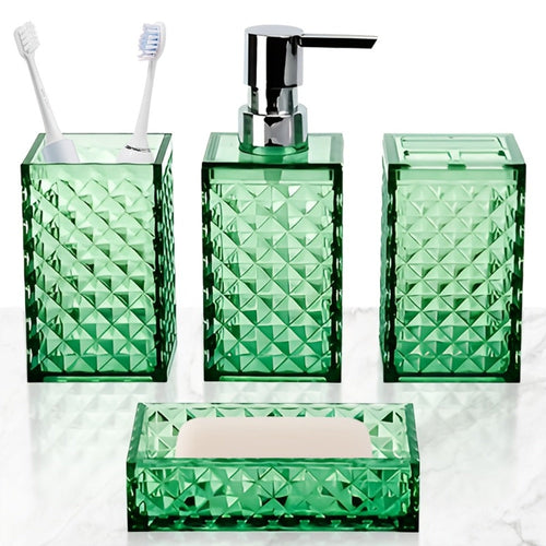 Bathroom Accessories Set 4-Piece Diamond Grid Plastic Organizer Soap Dispenser Toothbrush Holder Grey Blue Green