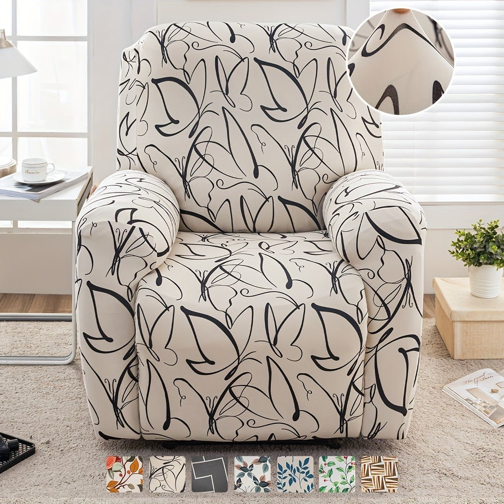 Recliner Slipcover 4pcs Extra Large with Pocket - Spandex Stretch Four Seasons Furniture Protector | Botanical Geometric Prints | Living Room Home Decor Sofa Chair Cover