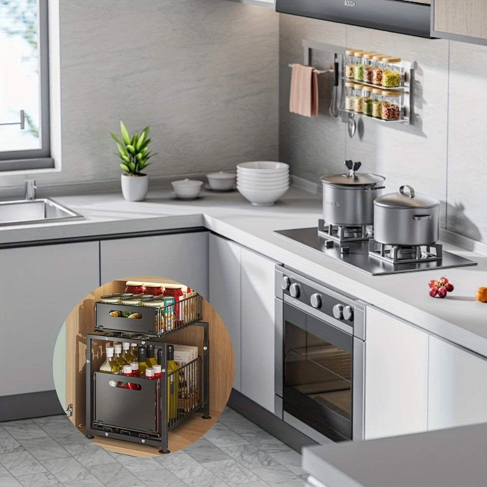 Under Sink Organizer 2-Tier Slide Out Pull Out Drawer Metal Basket Height Adjustable - Under Sink Cabinet Organizer for Kitchen Bathroom Storage, Sliding Shelf Rack for Cleaning Supplies Toiletries