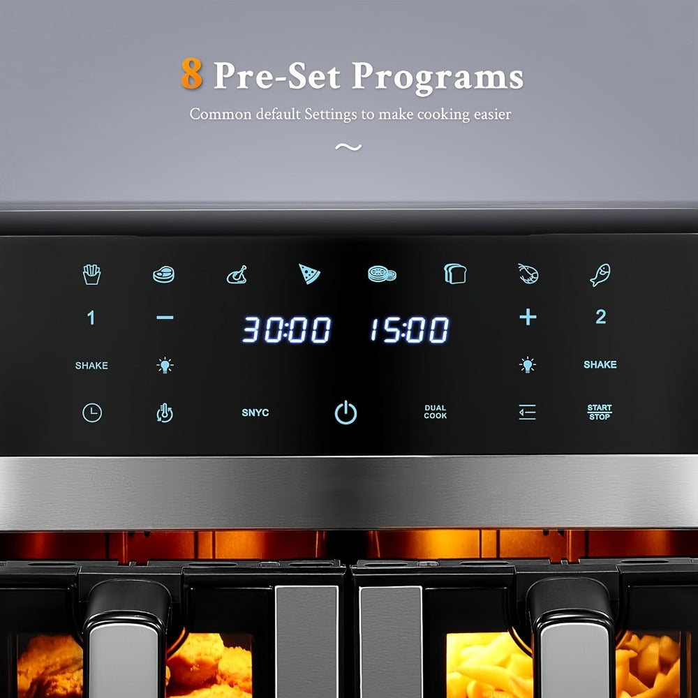 Dual Basket Air Fryer 9.5Qt ¨C 2x4.75Qt Independent Zones, Smart Finish Match Cook, 2400W, 8 Presets, Air Fry Roast Bake Grill, Energy Saving Family-Size Double Basket Air Fryer