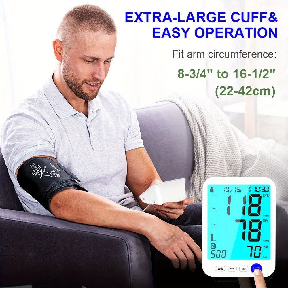 Upper Arm Blood Pressure Monitor Automatic ¨C Large LED Backlit Screen, Extra-Large Cuff, 1000-Reading Memory for 2 Users, One-Button BP Machine for Home Hypertension Management