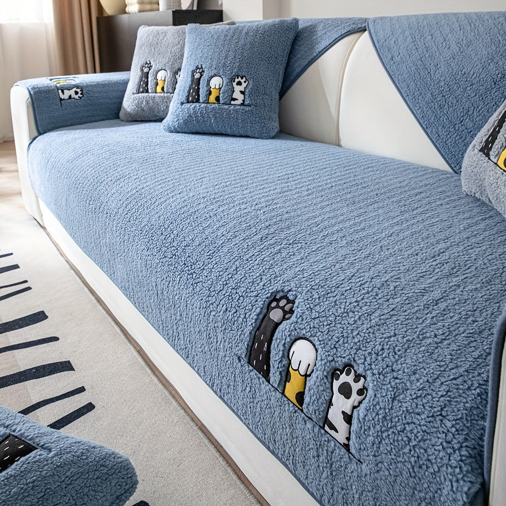 Sherpa Sofa Cover Cat Paw Embroidered Thick Plush Couch Slipcover Non-Slip Seat Cushion Protector Pet-Friendly Machine Washable Furniture Cover for Living Room Home Decor