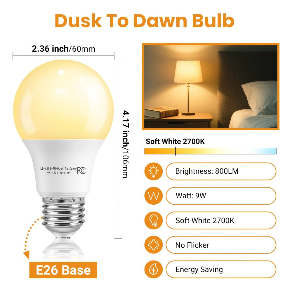 Dusk to Dawn Light Bulb A19 9W 800 Lumens 60W Equivalent with Auto On Off Photocell Sensor ¨C E26 Base Soft White 2700K & Daylight 5000K 80+ CRI Indoor Outdoor Porch Security Lighting, 6 Pack