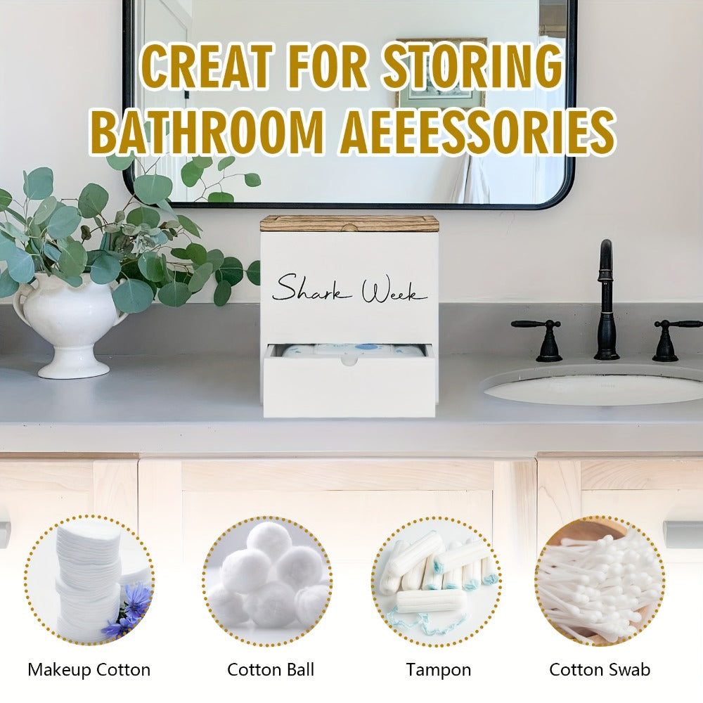 Tampon & Pad Organizer Box with Lid - Wooden Bathroom Storage Bin with Drawer, 3-Compartment Feminine Products Caddy, Farmhouse Bathroom Decor