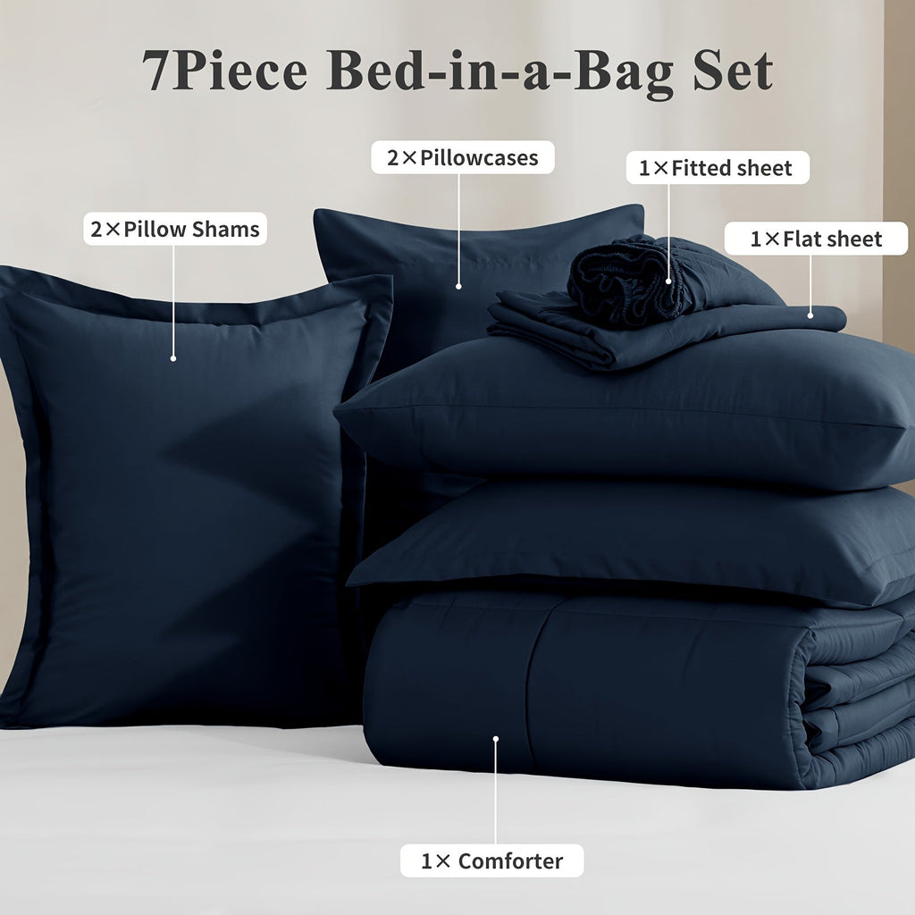 7 Piece Comforter Set Luxury Soft Fluffy Bedding All Season Bed in a Bag with Comforter Fitted Sheet Flat Sheet Pillowcases Hypoallergenic Breathable Easy Care Queen King Twin XL Full