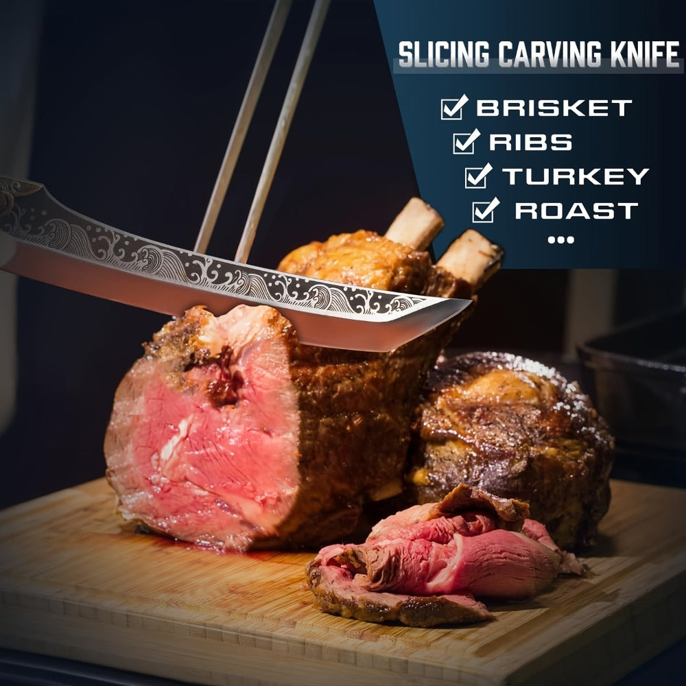 Carving Knife 8.86 Inch High Carbon Steel Brisket Knife Full Tang Ergonomic Handle with Leather Sheath Razor Sharp Meat Cutting Slicing BBQ Grilling Gift for Men Women