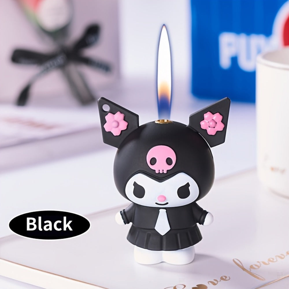 3D Kawaii Anime Figure Lighter with Chain, Cute Kuromi Sanrio Cartoon Open Flame Butane Lighter, Unique Kawaii Gift for Anime Fans, Available in 3 Colors ¨C Black, Purple & Pink (No Butane Included)