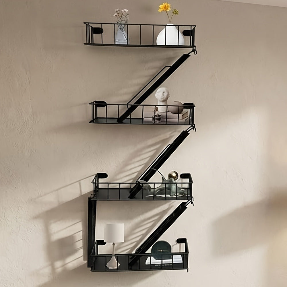 Wall Mounted Staircase Shelf with Hooks, Multi-Level Iron Storage Rack Floating Shelves for Bedroom Living Room Kitchen, Contemporary Metal Wall Organizer Home Decor Display