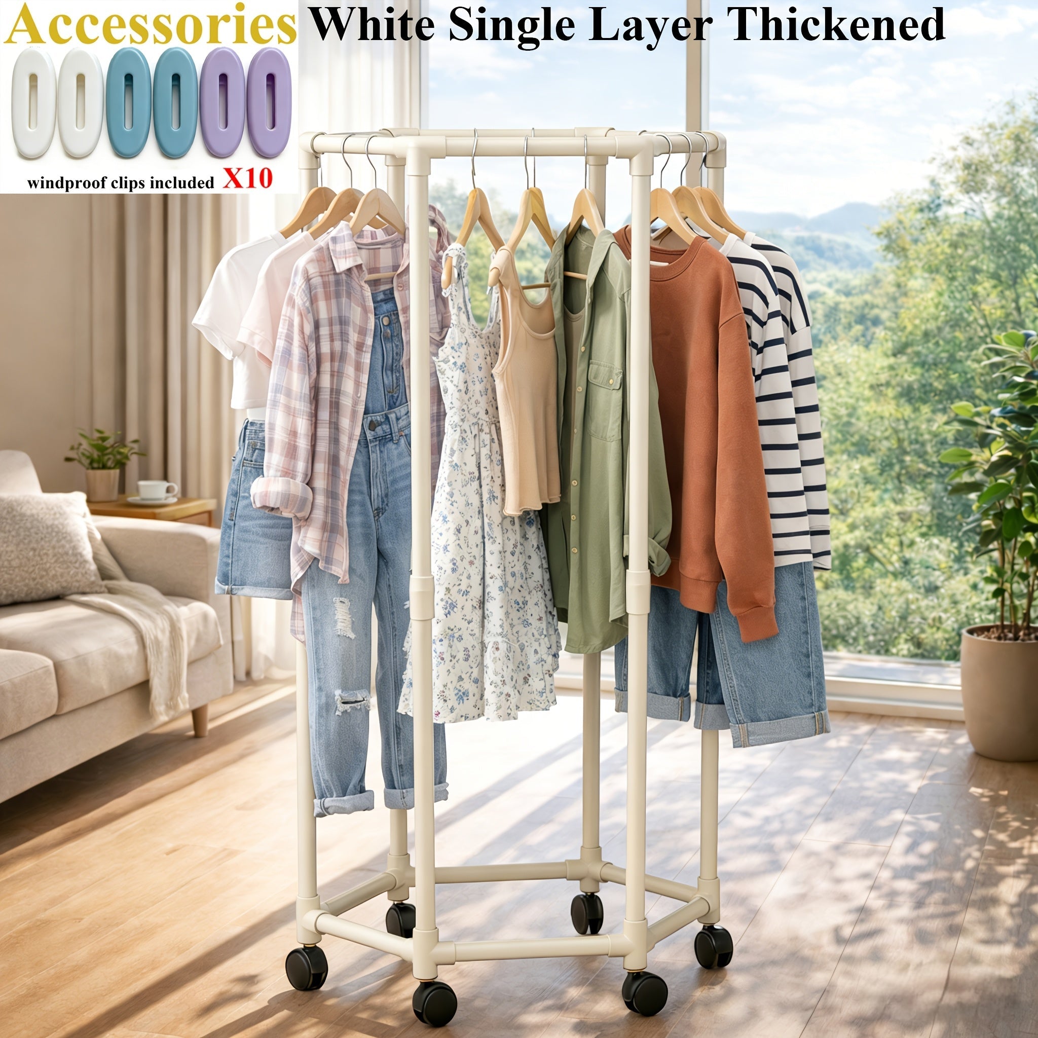 Rolling Hexagon Clothes Drying Rack 1 or 2 Layer ¨C Sturdy Metal Floor Stand with Wheels, Multi-Bar & 10 Clips, Portable Laundry Rack for Bedroom, Balcony & Dorm