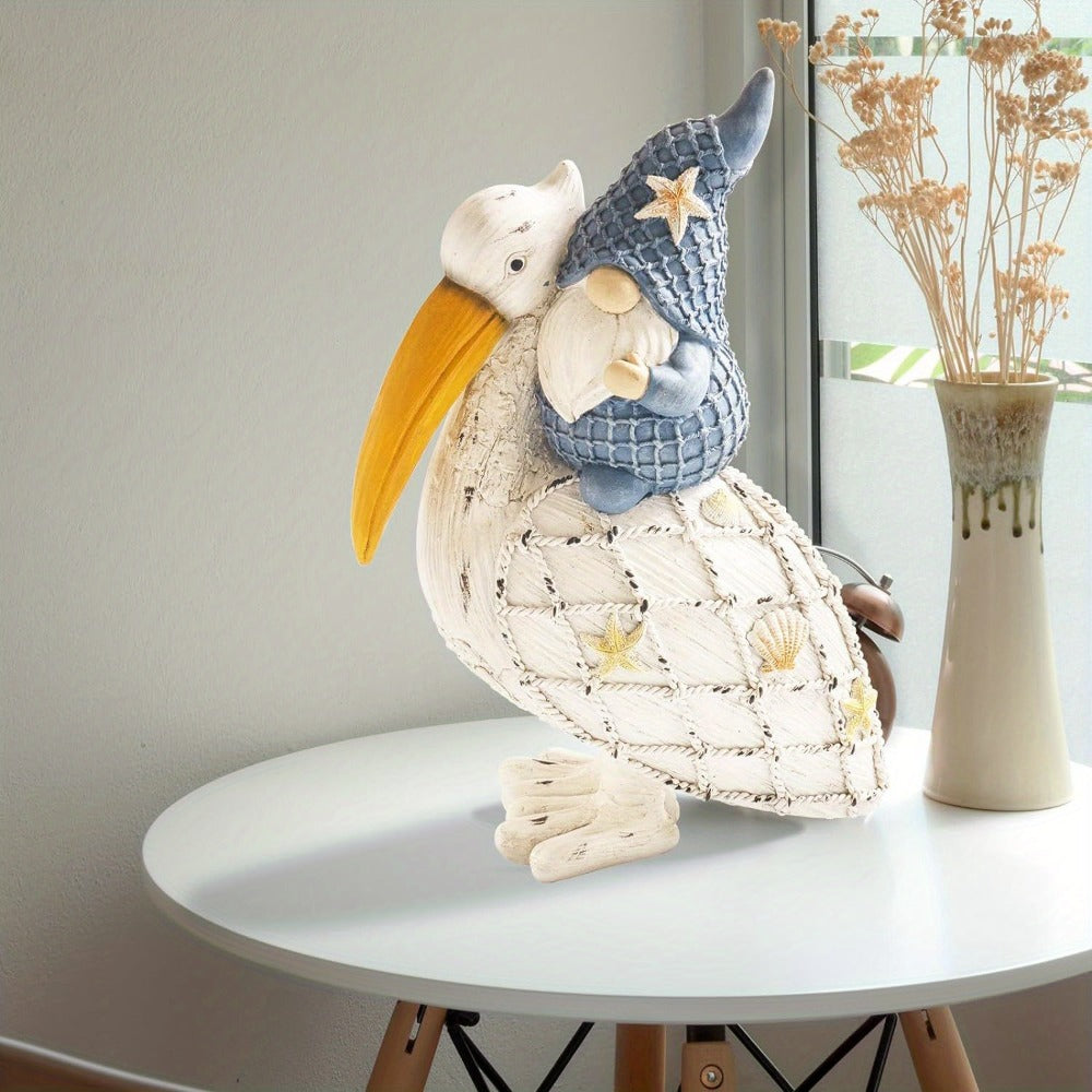 Pelican Gnome Figurine 11.5¡± ¨C Resin Coastal Beach Decor with Starfish & Seashell, Tabletop Statue for Home, Garden & Poolside ¨C Summer Gift & Nautical Decor