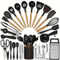 Silicone Cooking Utensils Set 35-Piece with Holder Rack Wooden Handle Heat Resistant Kitchen Tools for Non-Stick Pans ¨C Complete Kitchen Utensil Set in Multiple Colors