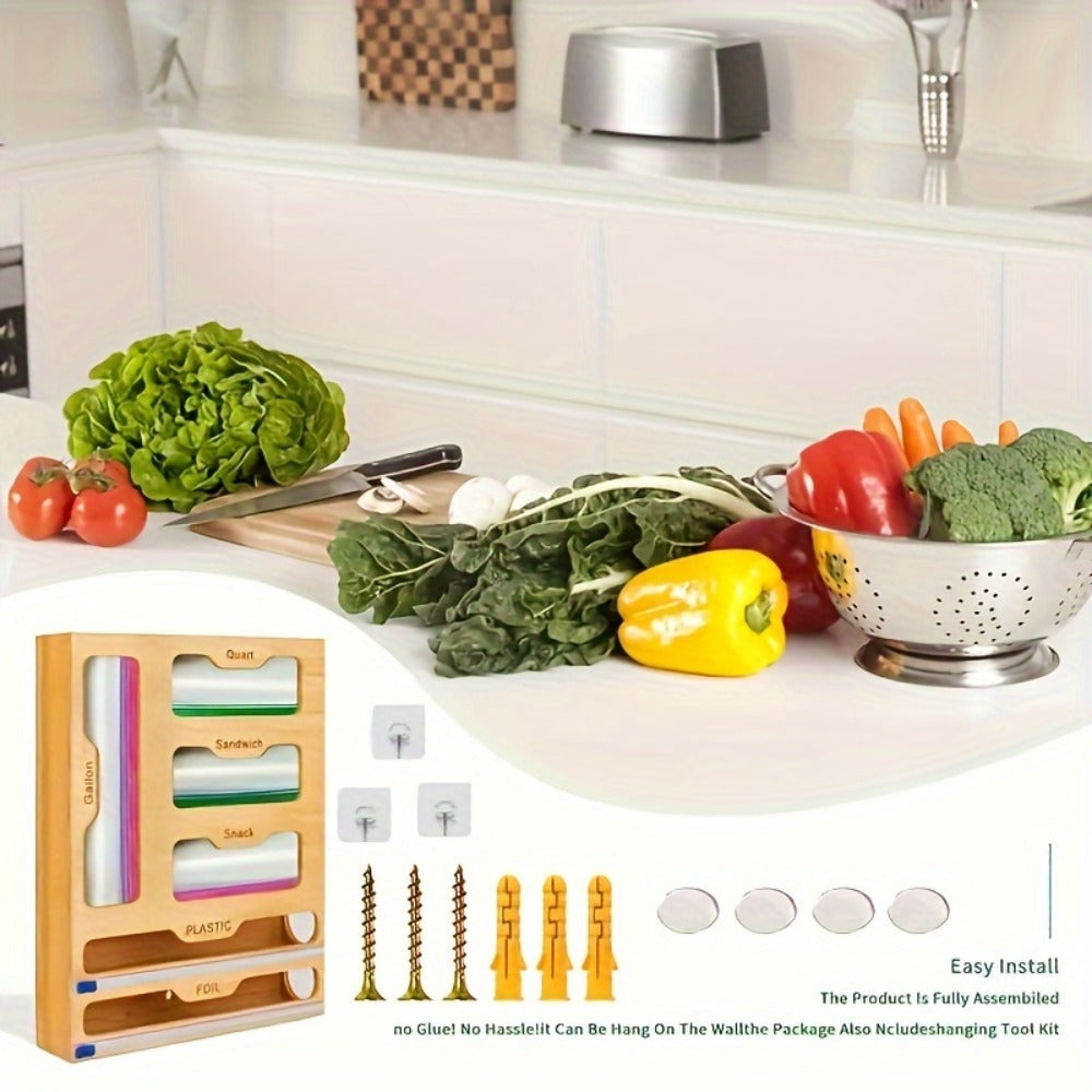Bamboo Kitchen Organizer 6-in-1 - Aluminum Foil Plastic Wrap Dispenser with Cutter Ziplock Bag Organizer for Kitchen Drawer Gallon Quart Sandwich Snack Bags Storage