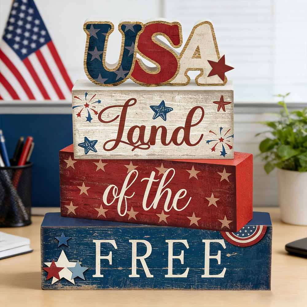 4th of July Tabletop Decorations Sign, Red White Blue Patriotic Tiered Tray Decor for Home Office Shelf, 250th Anniversary Gift