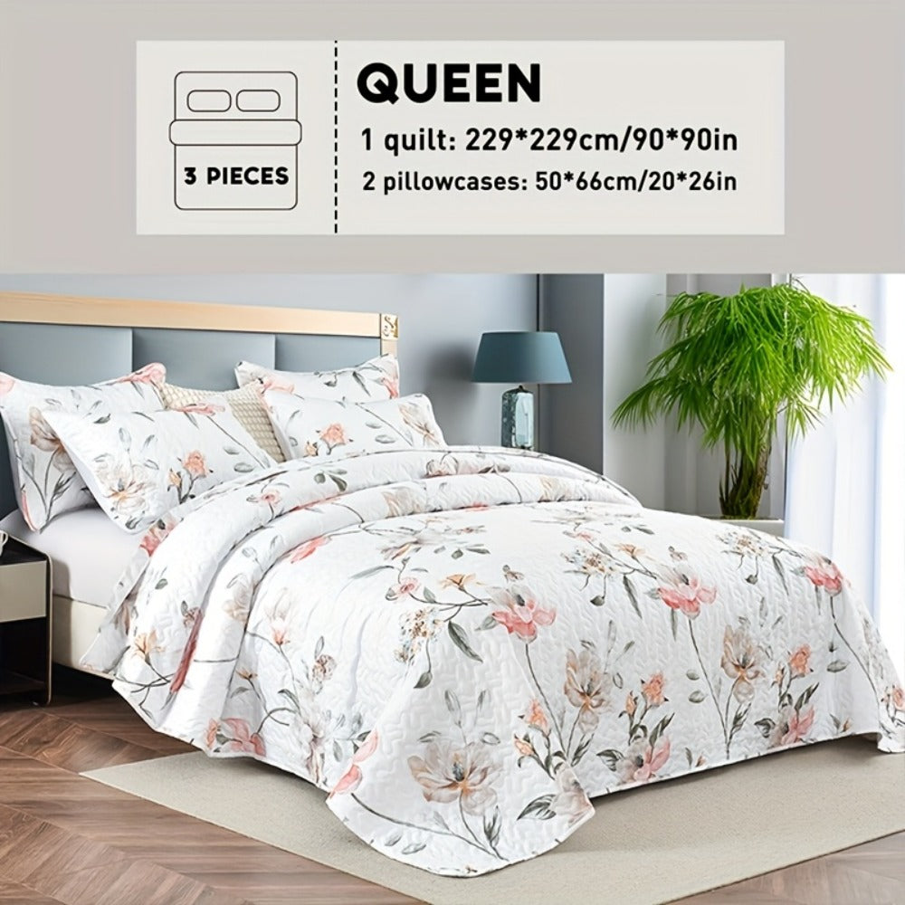 Reversible Floral Comforter Quilt Set ¨C Soft Microfiber Botanical Bedding, Twin Full Queen King, All Seasons ¨C White, Blue, Pink & More
