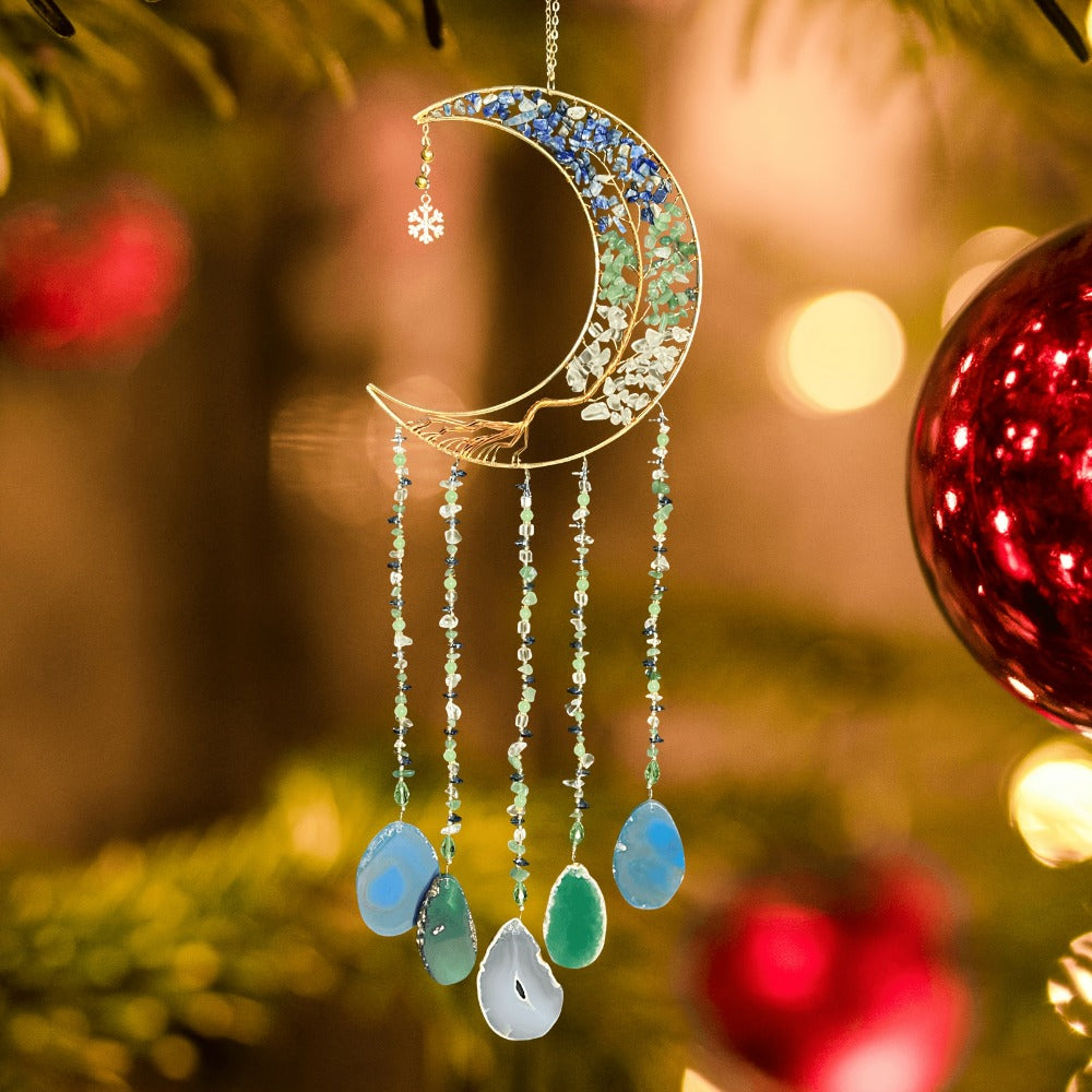 Moon Agate Tree Hanging Ornament Handmade Boho Suncatcher Wall Decor - Crystal Window Sun Catcher Gift for Mom Friends Women Birthday Christmas Holiday Home Decoration