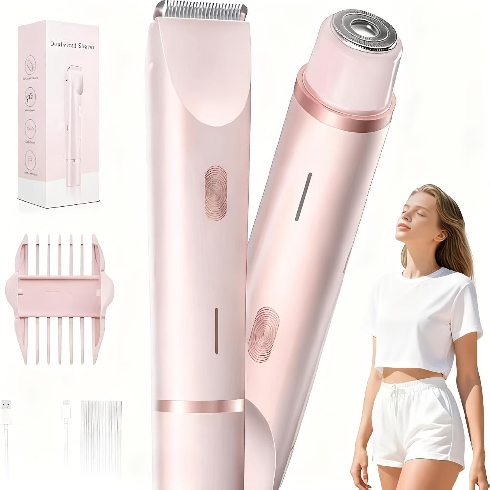 Bikini Trimmer for Women 2-in-1 Dual Head Electric Shaver - IP67 Waterproof Wet Dry Body Hair Remover for Bikini Area Underarms Legs Arms Face, USB Rechargeable Long Battery Life, Ergonomic Grip