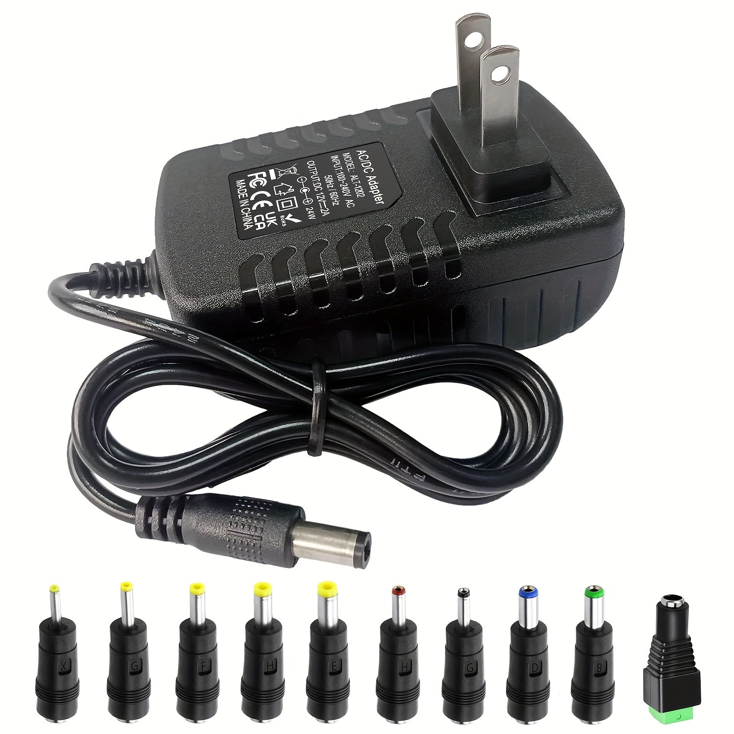 12V 2A AC DC Power Supply Adapter 11-in-1 with 10 Tips 100-240V 50-60Hz Universal DC Transformer for LED Light CCTV Camera Router BT Speaker GPS Webcam 4.9ft Cord