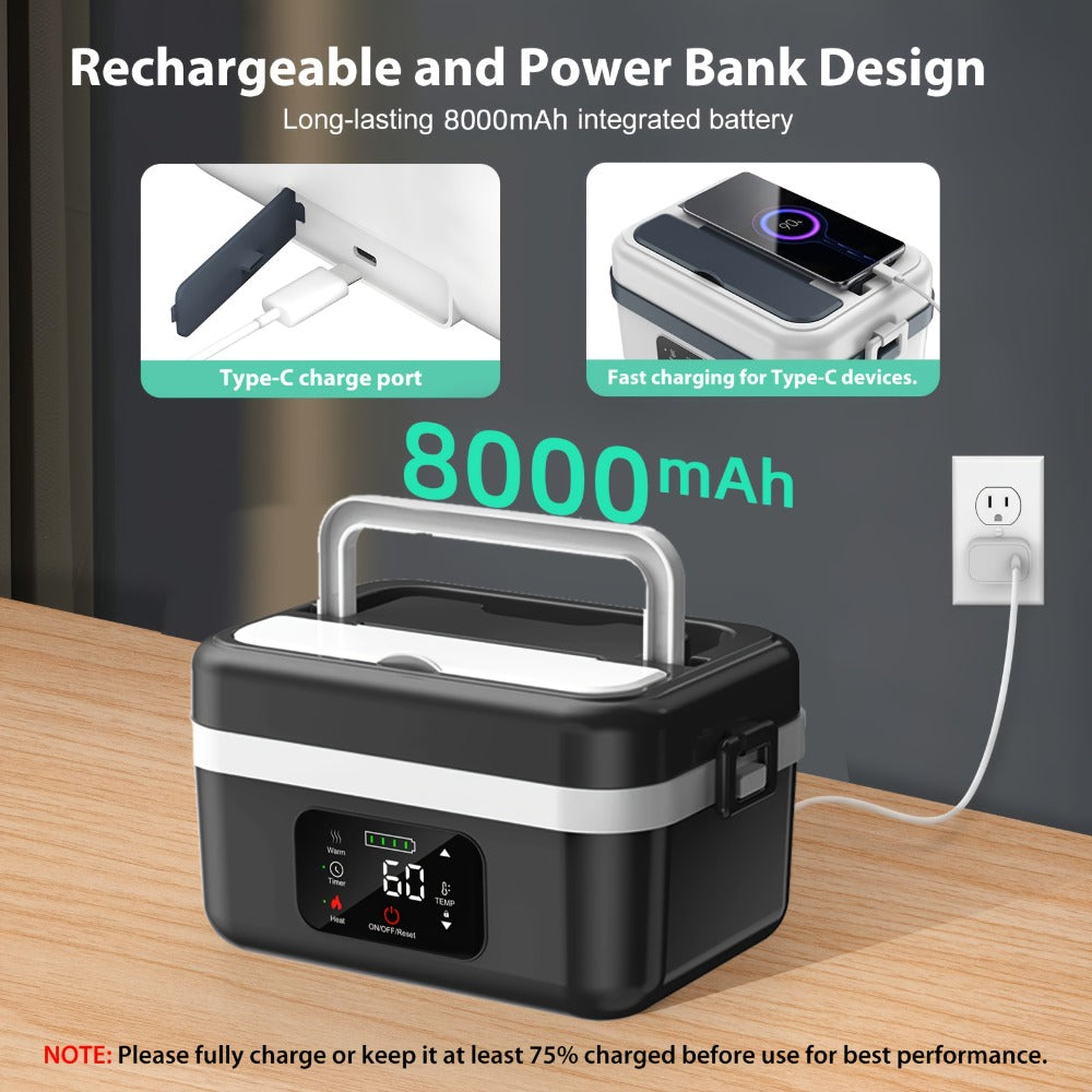 Wireless Heated Lunch Box 8000mAh Battery Powered - 60W Electric Food Warmer 1L Stainless Steel with Smart Timer 8 Settings and Power Bank Function, Portable Lunch Heater for Office Car Truck and Travel, BPA-Free with Fork Spoon and Insulated Bag
