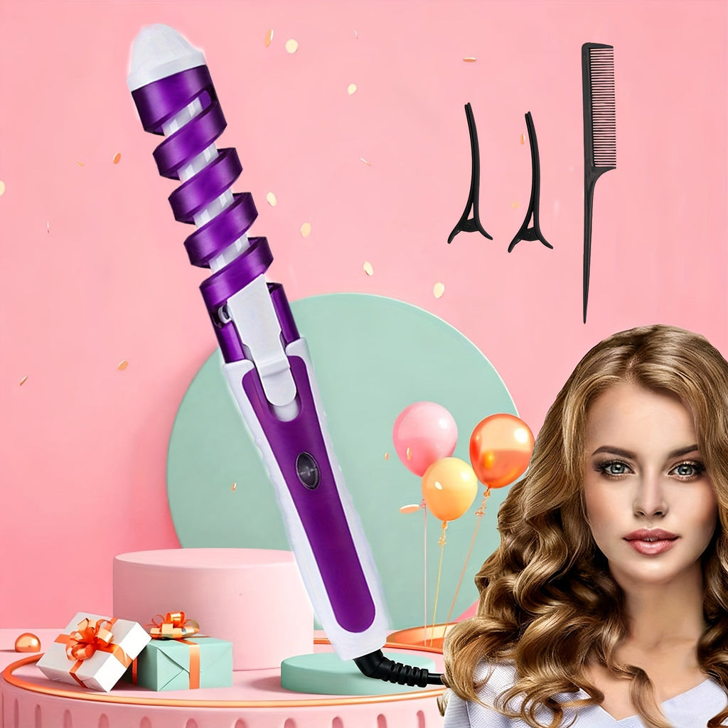 Automatic Spiral Curling Iron 360¡ã Electric Hair Curler - Auto Rotating Curl Wand, Lightweight & Portable, Easy to Use, Includes 2 Clips & 1 Comb, Gift for Women, Pink, Purple, Blue