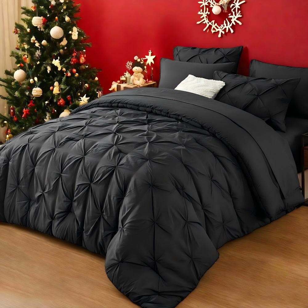 Comforter Set Luxurious Pleated 5/7pcs Bed in a Bag | Soft Plush Fiber Fill, Year-Round Warmth - Quilted Comforter, Flat & Fitted Sheet, Pillowcases & Shams, Complete Bedding Set Twin Full Queen King