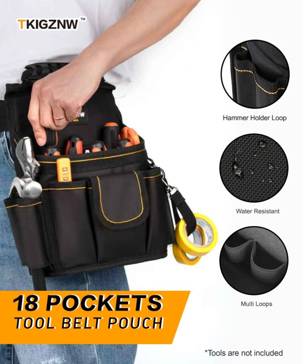 Tool Belt Bag Heavy Duty - 18-Pocket Large Capacity Tool Organizer Pouch with Wide Mouth Opening, Heavy-Duty Polyester for Construction, Plumbing, Electricians, DIY Projects & Professional Home Use