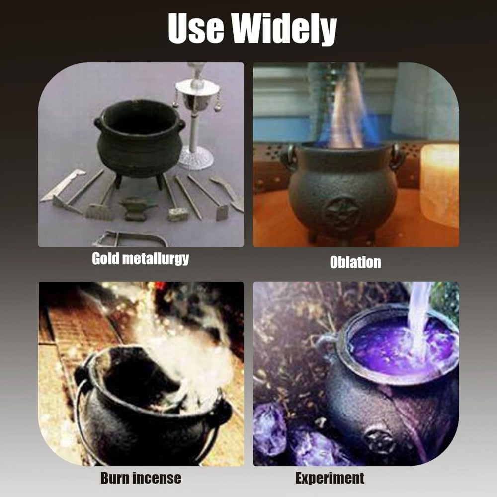 Cast Iron Cauldron with Lid & Handle ¨C Witchcraft Incense Burner, Spell Ritual Pot, Halloween Decor, Pentagram & Triple Moon Styles, Pagan Altar Cauldron
