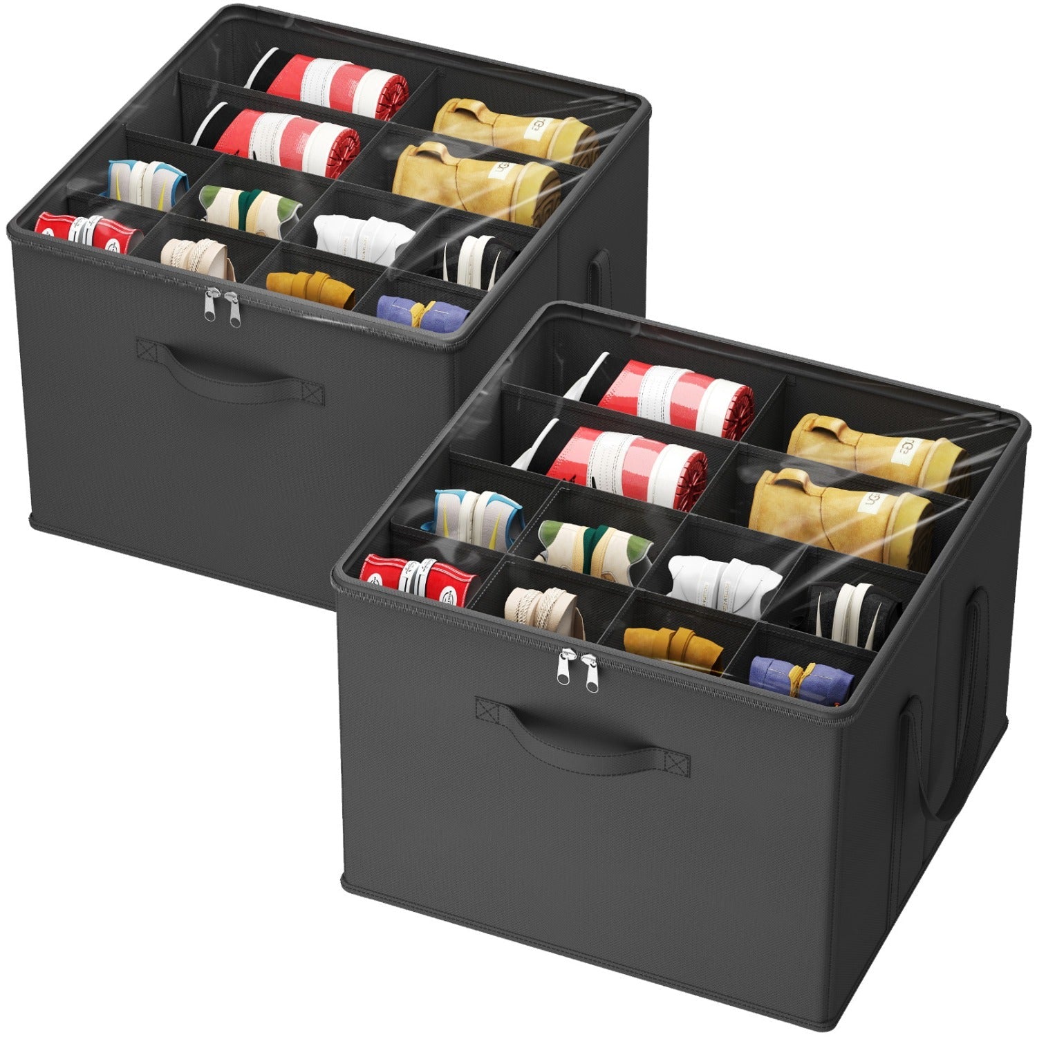 Shoe Storage Organizer with Clear Cover ¨C Foldable Shoe Box for Closet, Fits 12-16 Pairs, Reinforced Handles, Dust-Proof Non-Woven Fabric, Space-Saving Stackable Design for Boots Heels Sneakers, 1/2/3 Pack