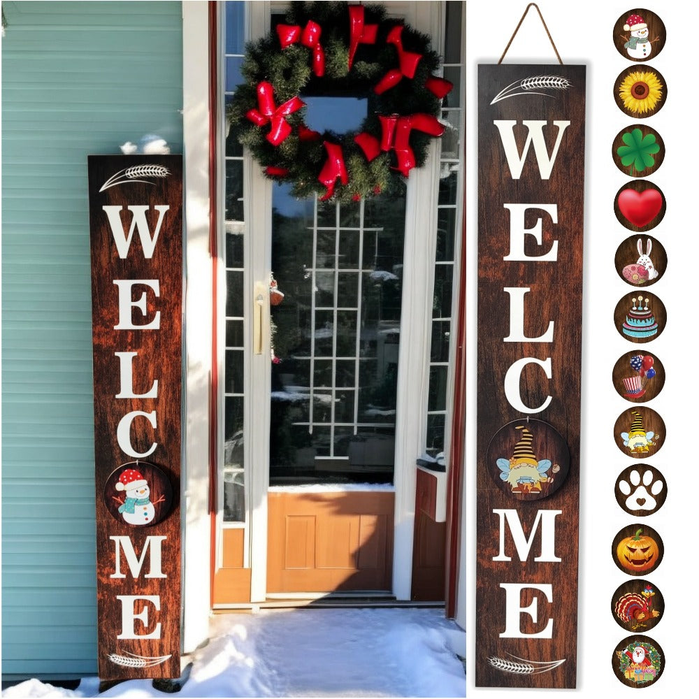 Porch Sign with 12 Interchangeable Seasonal Icons 47 Inch Tall - Welcome Sign for Front Door, Wind Resistant Leaner Board for Patio Yard Farmhouse Entryway, 4th of July Independence Day Decor