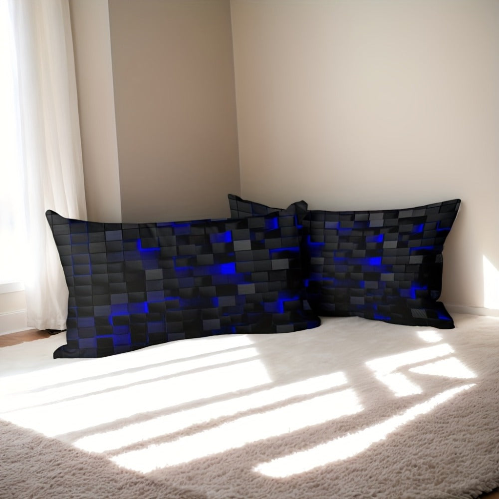 Duvet Cover Set Queen King Twin Full 3D Geometric Cube Print | 3-Piece Polyester Bedding Set | Black Blue Grid Pattern | All-Season Soft Quilt Cover + 2 Pillowcases | Machine Washable