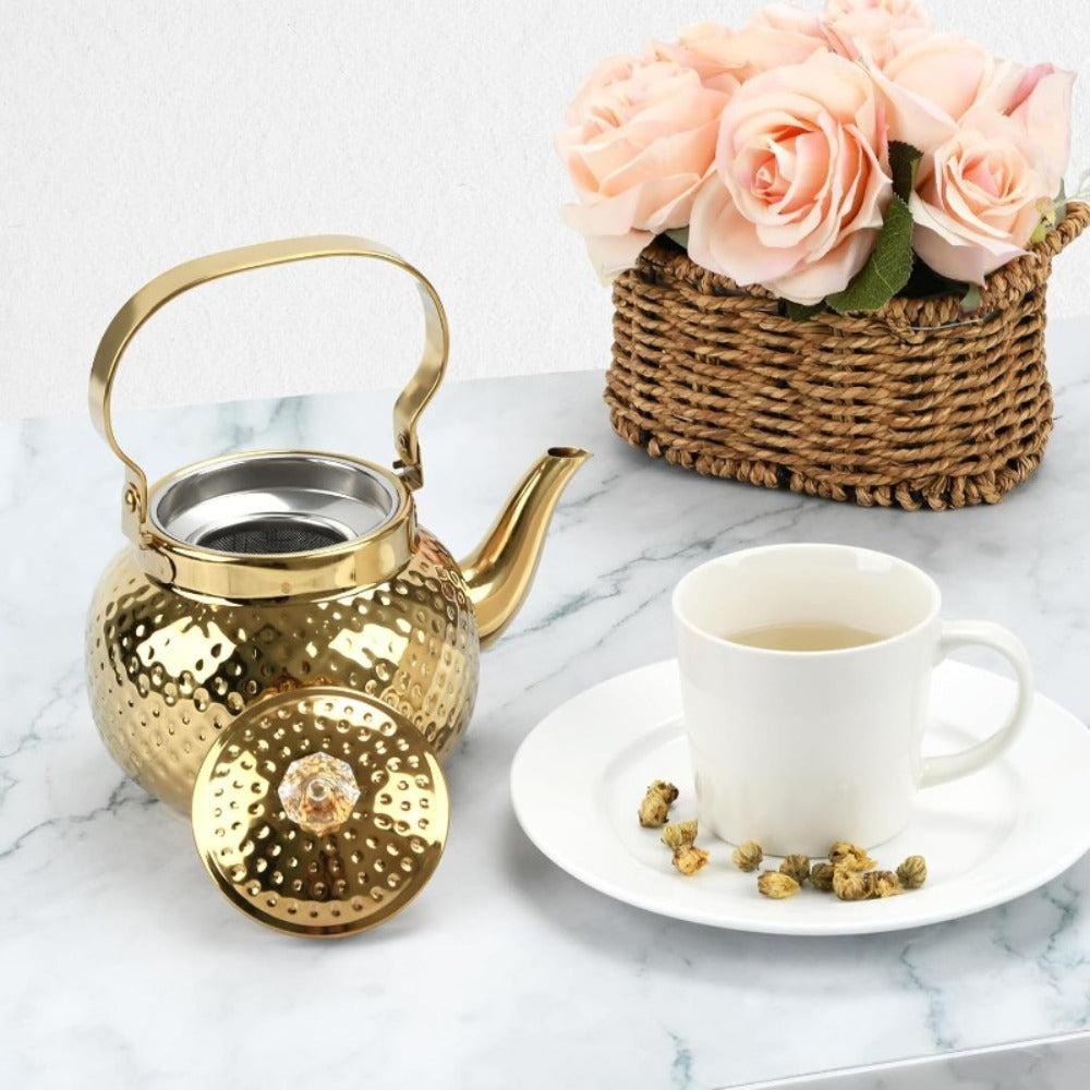 Hammered Tea Kettle Stainless Steel ¨C 40.58oz Stovetop Teapot with Strainer for Loose Leaf Tea, Coffee & Milk, Classic Hammered Design, Outdoor & Travel Friendly, Premium Tea Gift ¨C Gold, Silver