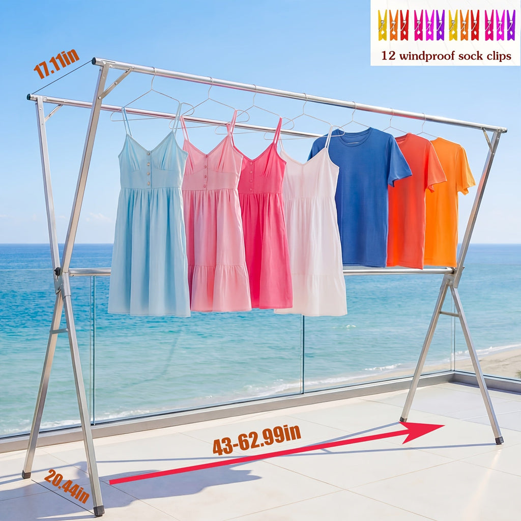 Clothes Drying Rack Collapsible Freestanding, Heavy Duty Stainless Steel Laundry Drying Rack Indoor Outdoor, Adjustable Garment Rack 63¡± & 79¡± with Clips