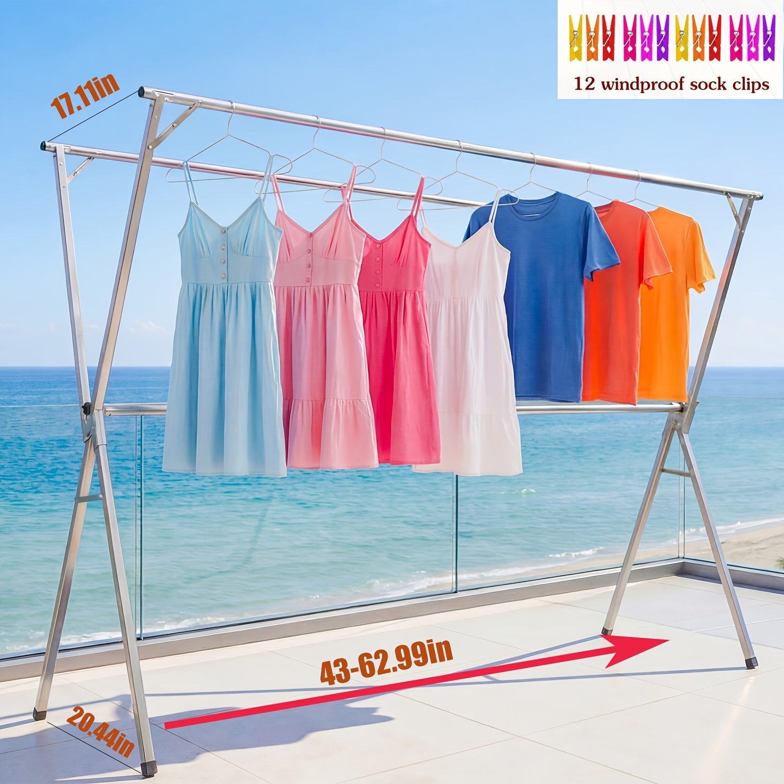 Clothes Drying Rack Collapsible Freestanding, Heavy Duty Stainless Steel Laundry Drying Rack Indoor Outdoor, Adjustable Garment Rack 63¡± & 79¡± with Clips