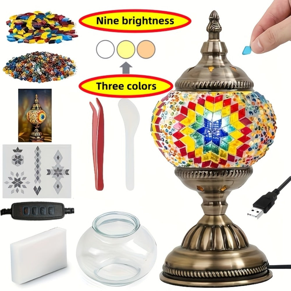 DIY Turkish Moroccan Mosaic Lamp Kit Handmade Glass Metal Brass Dimmable Bohemian Table Light for Bedroom Living Room Office Vintage Boho Decor Gift Multiple Colors 3-Color Adjustable Option