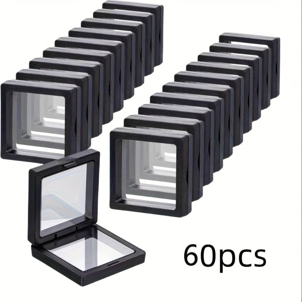 3D Floating Jewelry Display Box Bulk Set | Black Plastic Frame Clear Acrylic Panel Fabric-Lined Organizer for Jewelry Coins Collectibles ¨C Secure Clasp Closure ¨C 30 or 60 Pieces
