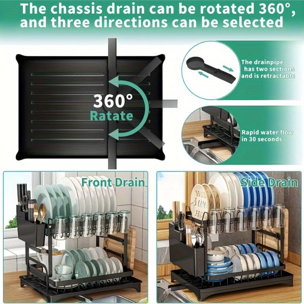 2-Tier Dish Drying Rack with Drip Tray Large Kitchen Counter Dish Drainer