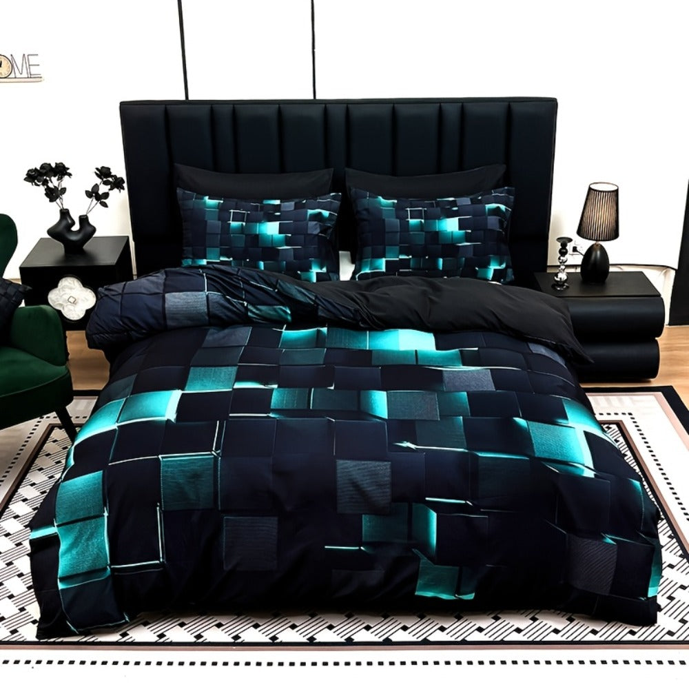 Duvet Cover Set 3 Piece Plaid Digital Print Polyester Bedding All Season Twin Full Queen King Size with Pillowcases Purple Blue Red