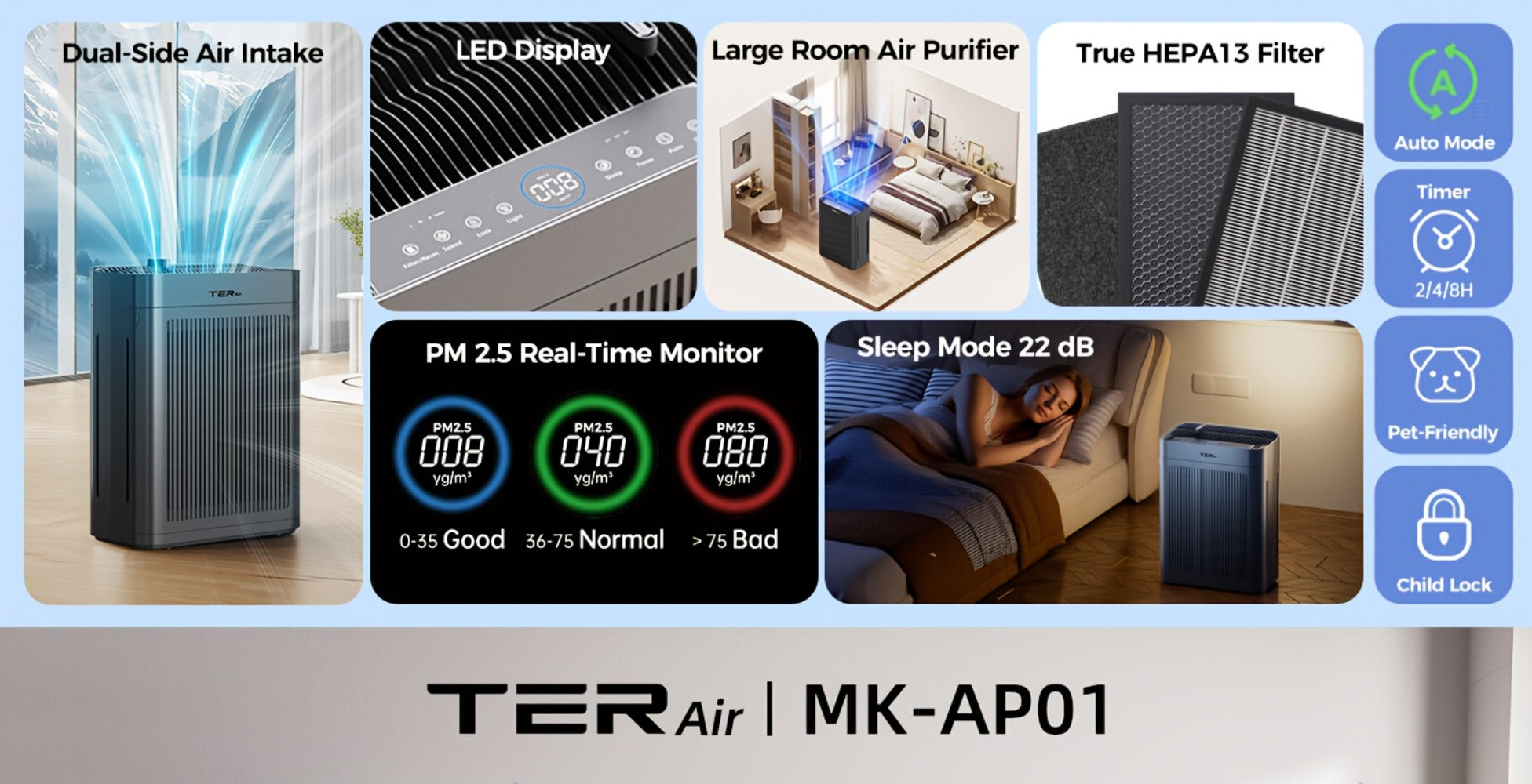 H13 HEPA Air Purifier for Large Room Up to 2500 Sq Ft | Double-Sided Washable Filter, PM2.5 Sensor, 22dB Ultra-Quiet | Air Cleaner for Dust, Pets, Smoke & Pollen | Bedroom & Home | White & Grey