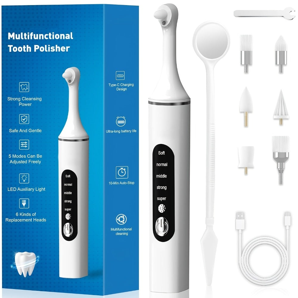 Tooth Polisher Rechargeable ¨C 6 Brush Heads & 5-Speed Settings, Electric Teeth Polishing Tool for Plaque Removal, Stain Removal & Teeth Whitening, Professional-Level Dental Care at Home