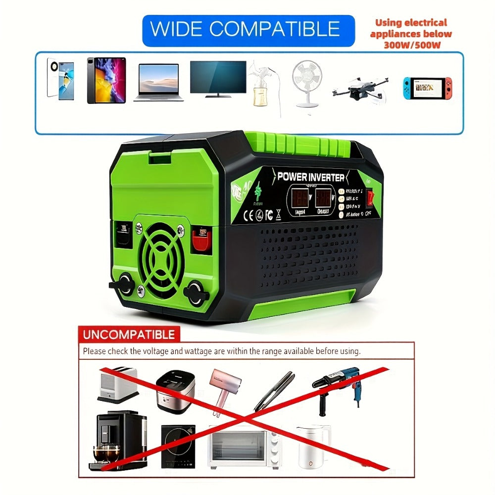 Power Inverter 500W/1000W DC 12V to AC 110V - Car Power Converter with LCD Display, 2 AC Outlets, 2 USB Ports & 2 Type-C, for Home, Car, RV, Camping & Outdoor Emergency Power