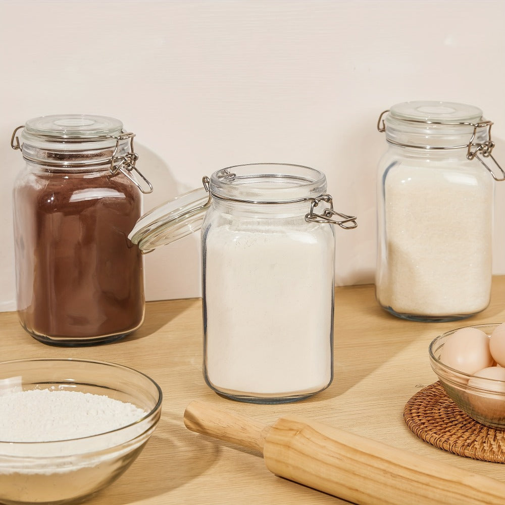 Airtight Glass Storage Jars with Lids 3-Pack 50 OZ, Square Food Canisters for Kitchen Pantry Organization, Mason Jar Containers for Sugar Flour Cereal Coffee