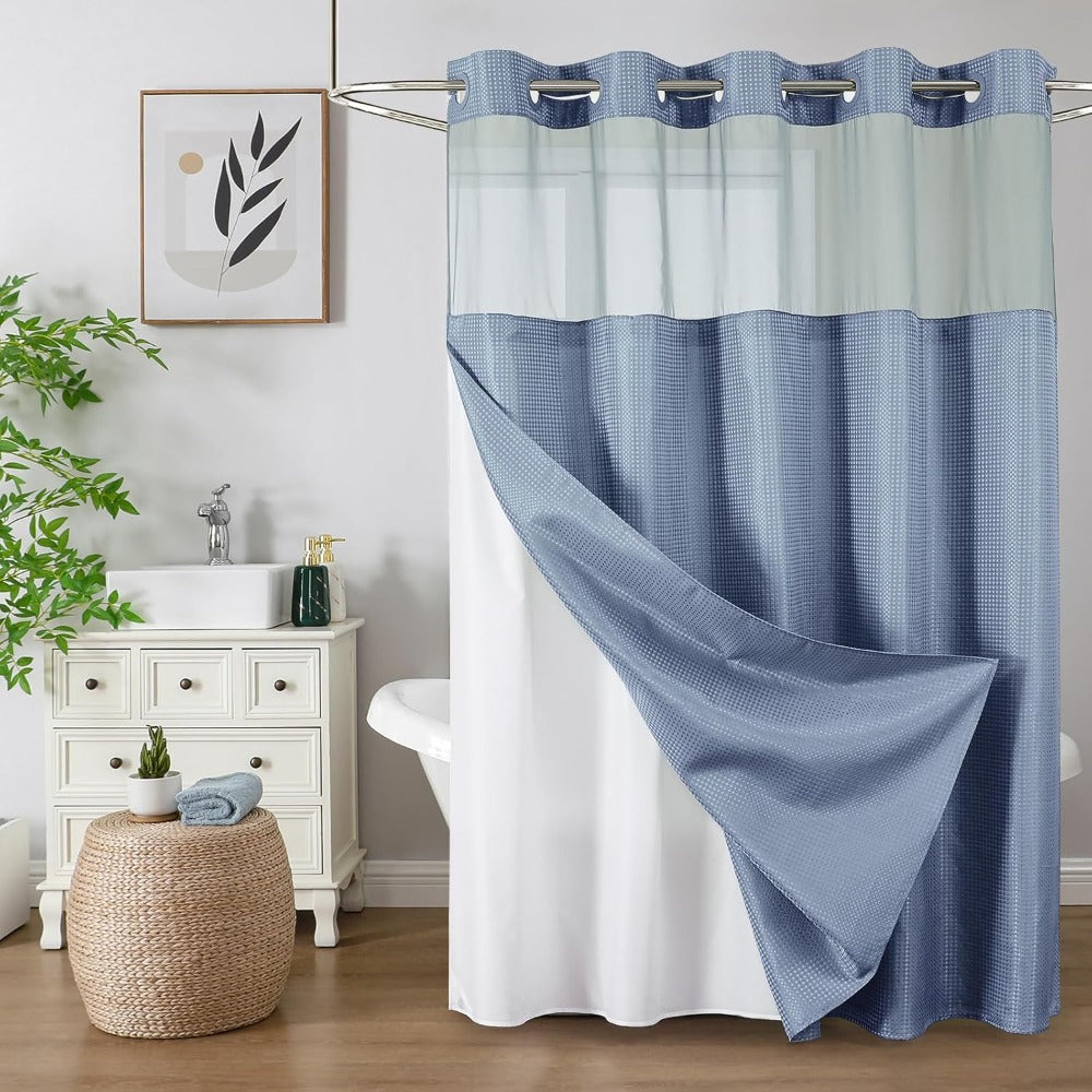 Waffle Shower Curtain with Liner Set Hookless Snap-In Double Layer Polyester Fabric Waterproof Easy Clean for Bathroom Hotel Home Decor