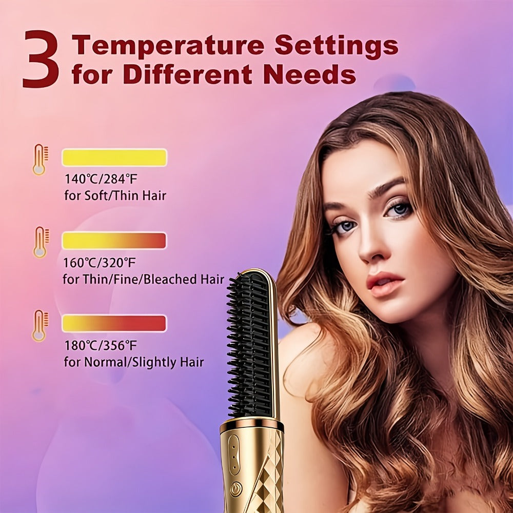 Cordless Hair Straightener Brush USB-C Rechargeable 2000mAh Lithium Battery 3-Level Temperature Control Dual-Use Straightening and Curling Portable Travel Styler for Women