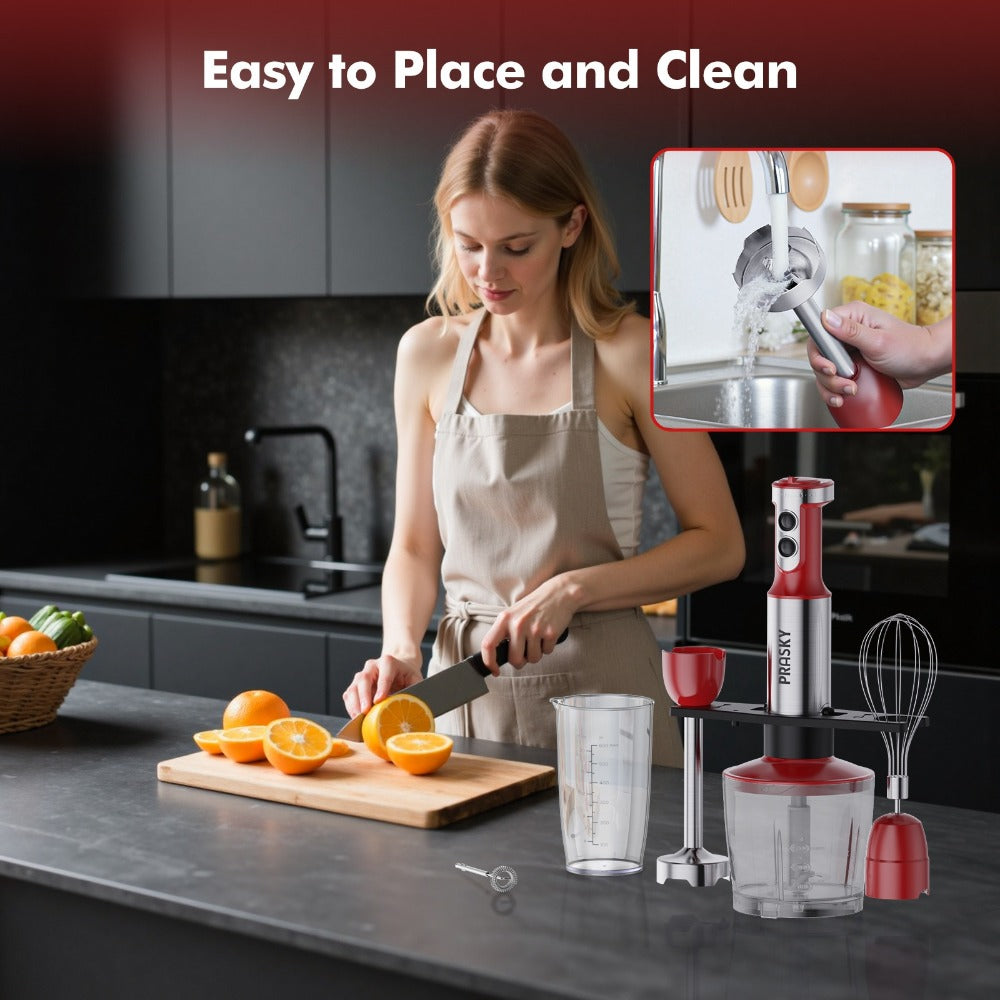 Immersion Blender 5-in-1 Handheld Mixer | Heavy Duty Motor | Whisk Meat Chopper Measuring Cup Attachments | Stick Blender for Soups Smoothies Sauces | Kitchen Hand Blender Red Black