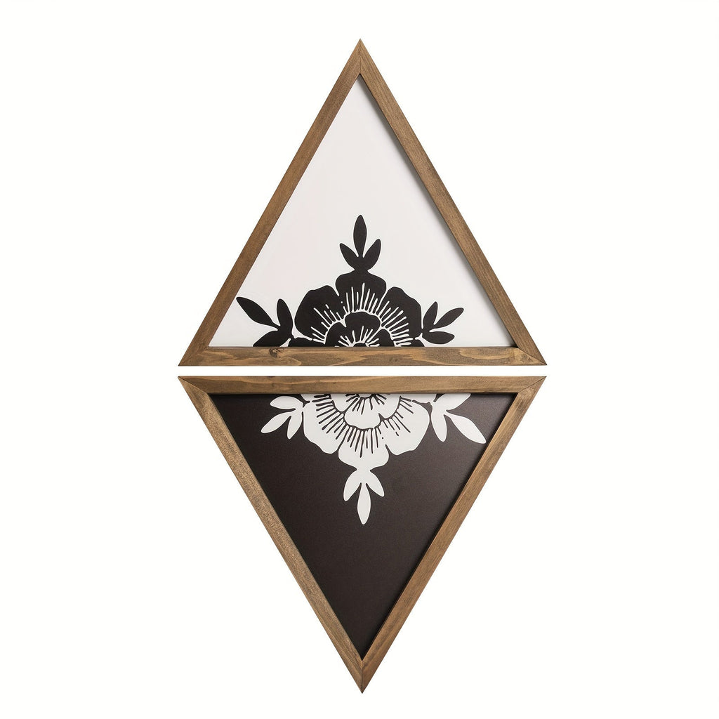 Boho Floral Wall Art Framed ¨C Wooden Botanical Wall Decor with Black & White Geometric Triangles, Vintage Boho Style for Bedroom, Bathroom & Living Room Home Decoration