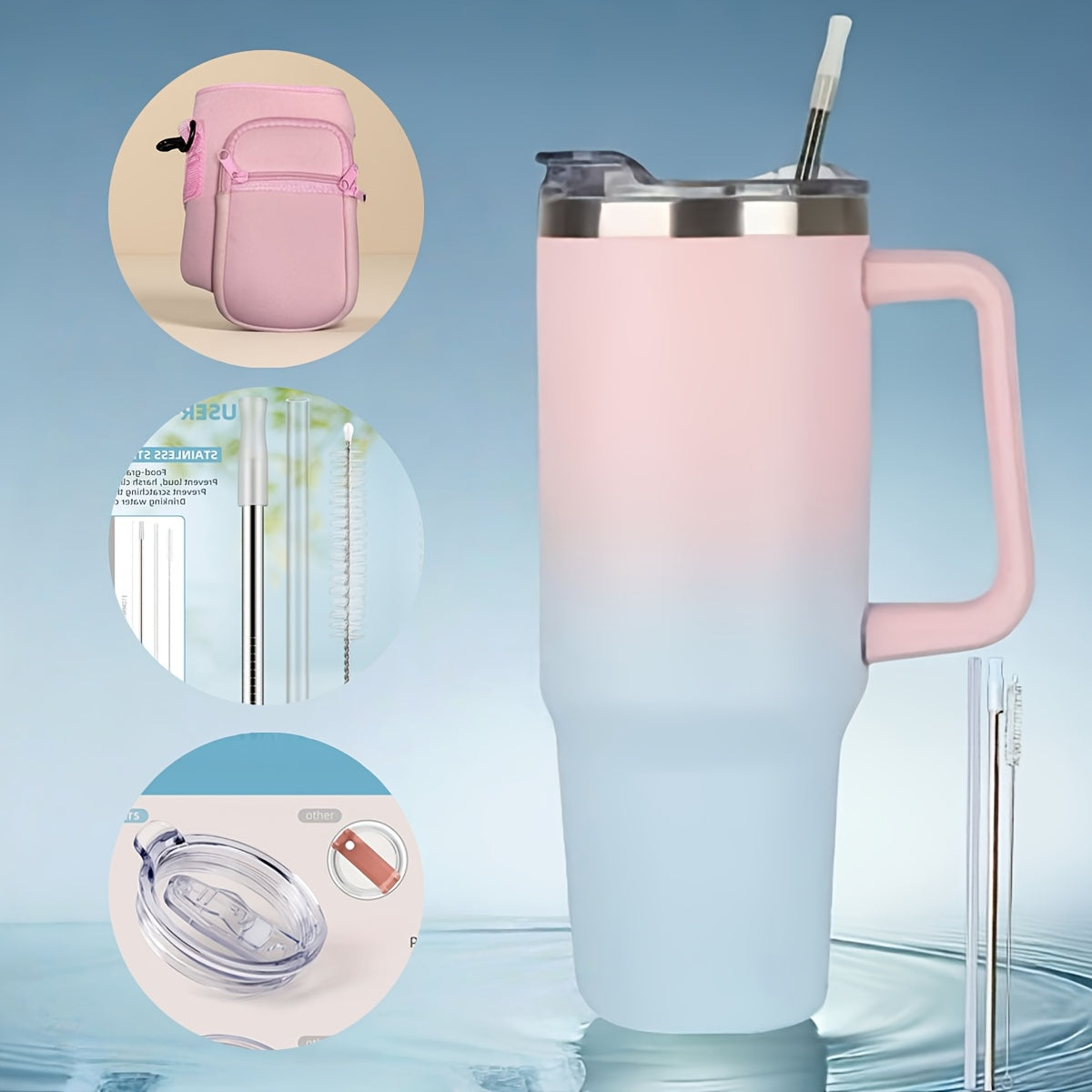 Insulated Tumbler 40 Oz with Carry Bag & Handle ¨C Stainless Steel Thermos with Straw & Spout Lid ¨C Ice Compatible Gym Water Bottle & Travel Mug ¨C Pink Blue Gradient Gift for Women & Teens