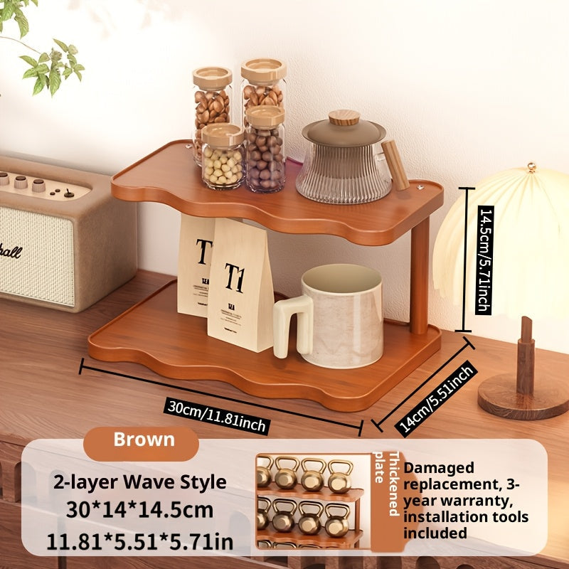 Ladder Cup Holder Rack 2-3 Tier Wave Style | Countertop Organizer for Coffee Mugs Teacups Water Glasses | Kitchen Counter Dining Table Entryway Dessert Display Shelf Brown