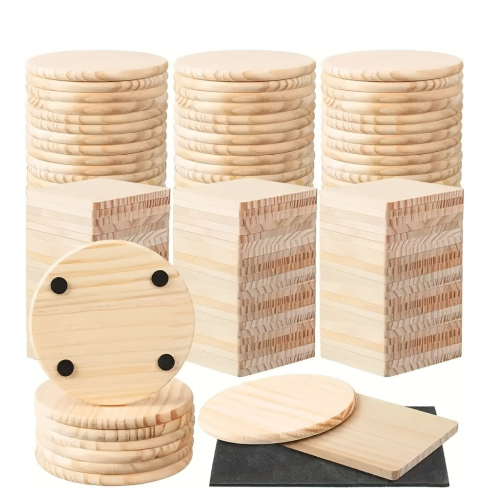 Unfinished Wood Coasters for Crafts 4 Inch Square and Round Wooden Coasters with Non-Slip Pad for DIY Engraving Staining Painting Drinks Coffee Table Home Kitchen 30 or 60pcs