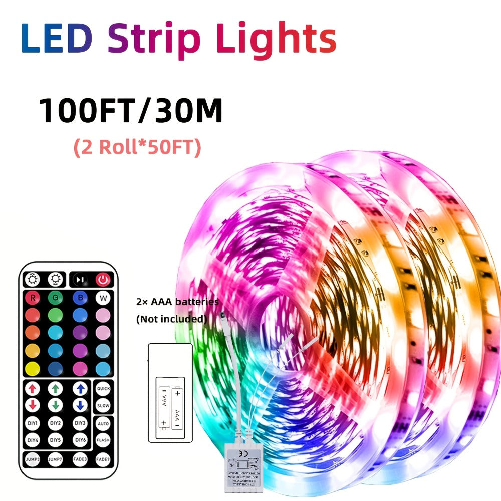RGB LED Strip Lights 50ft/100ft ¨C Color Changing Tape Light with 44-Key Remote, 20 Colors & 8 Modes, Easy Install, for Bedroom, Living Room, Kitchen, Bar, Wedding & Party Decoration